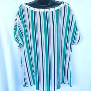 Angela Plus short Sleeve striped tunic, tie sleeves